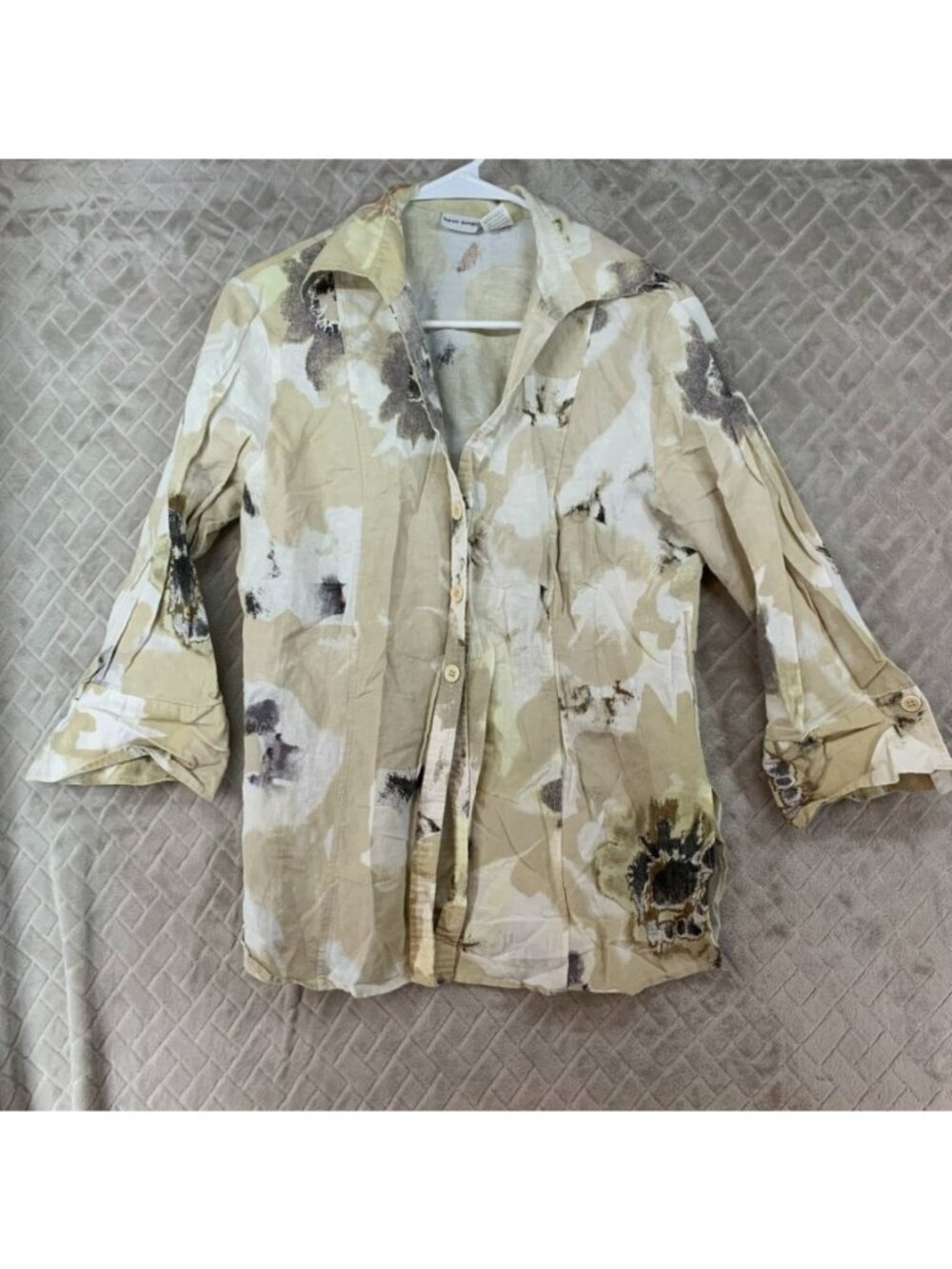 Harve Bernard Shirt Womens XL Beige Water Color Linen Blend Half Sleeve Boho
